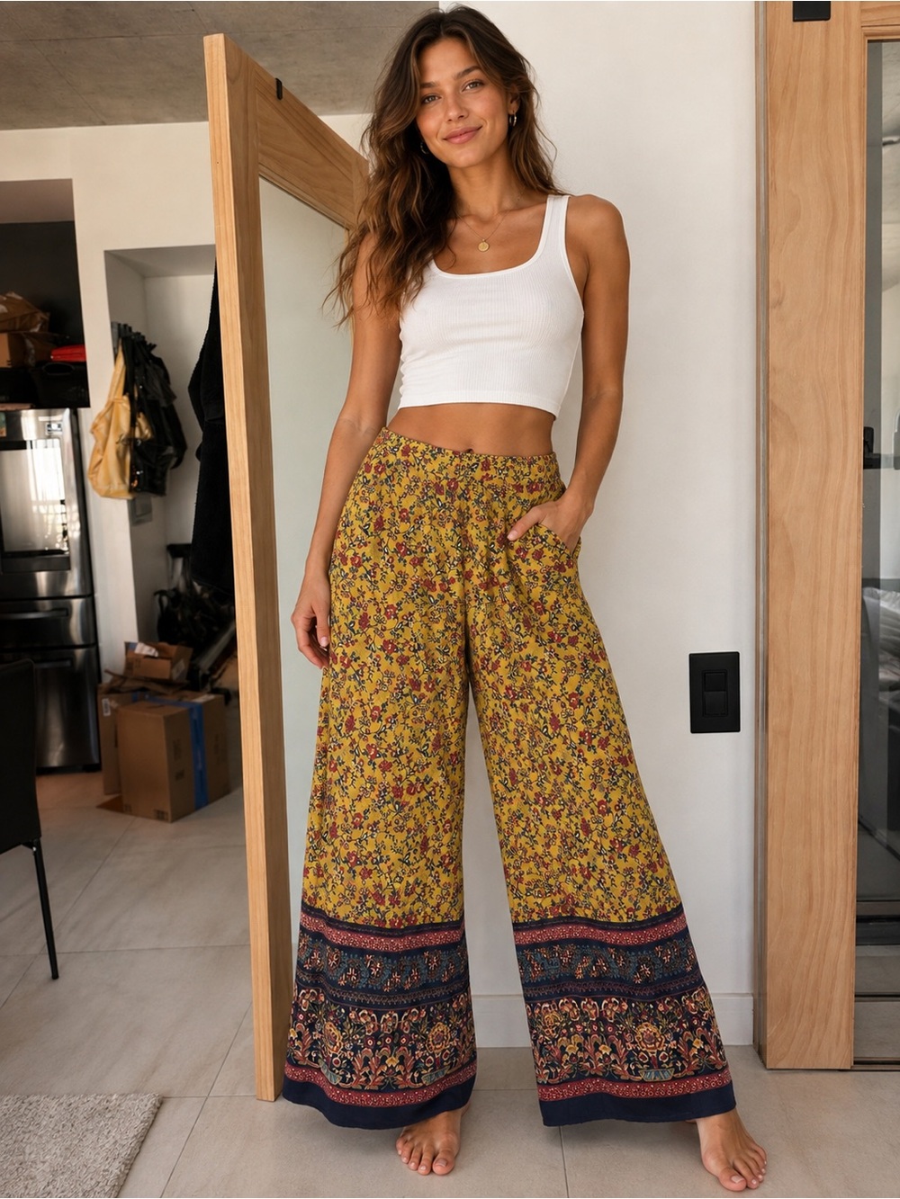 Boho Wide-Leg Floral Print Pants in Mustard